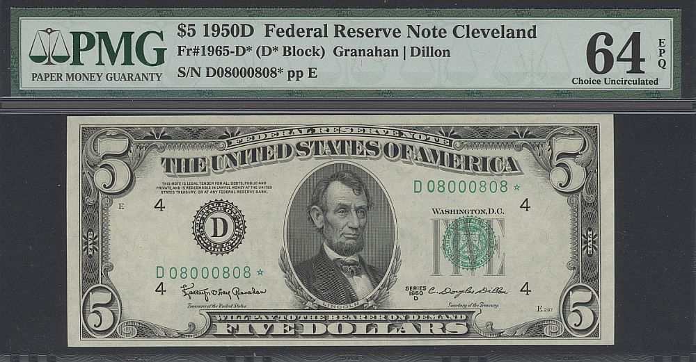 Fr.1965-D*, 1950D $5 Cleveland Star Note, vChCU, PMG64-PPQ, D08000808*